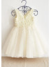 V Neck Pearls Beaded Champagne Tulle Dreamy Flower Girl Dress V Neck Pearls Beaded Champagne Tulle Dreamy Flower Girl Dress